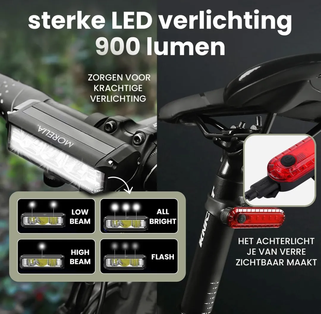 Morelia Complete Fietslampenset 900 Lumen - USB Oplaadbaar