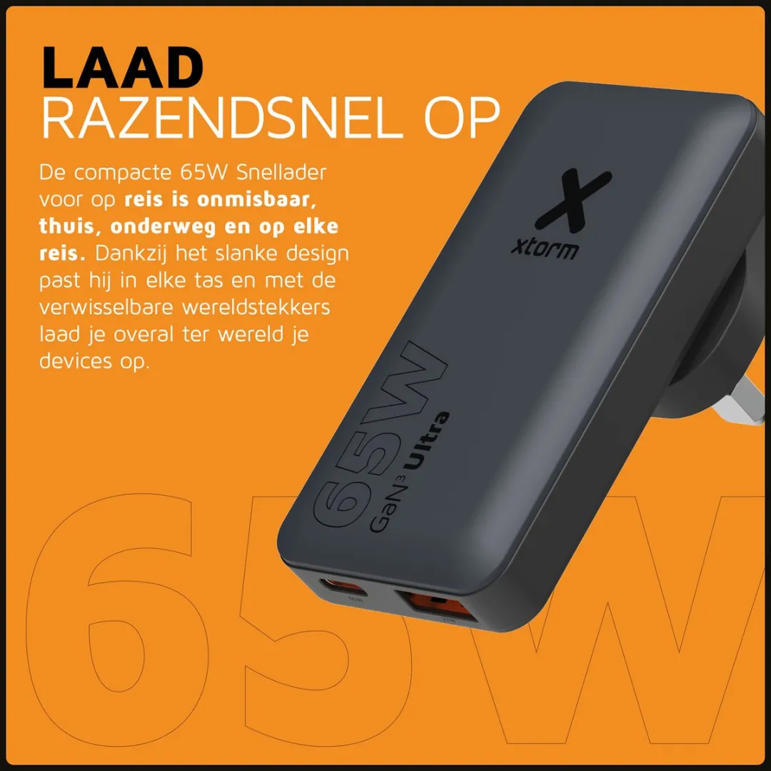 Xtorm XTPC0651 Wereldstekker Reisstekker 65W - USB-C PD + 2x USB - Zwart