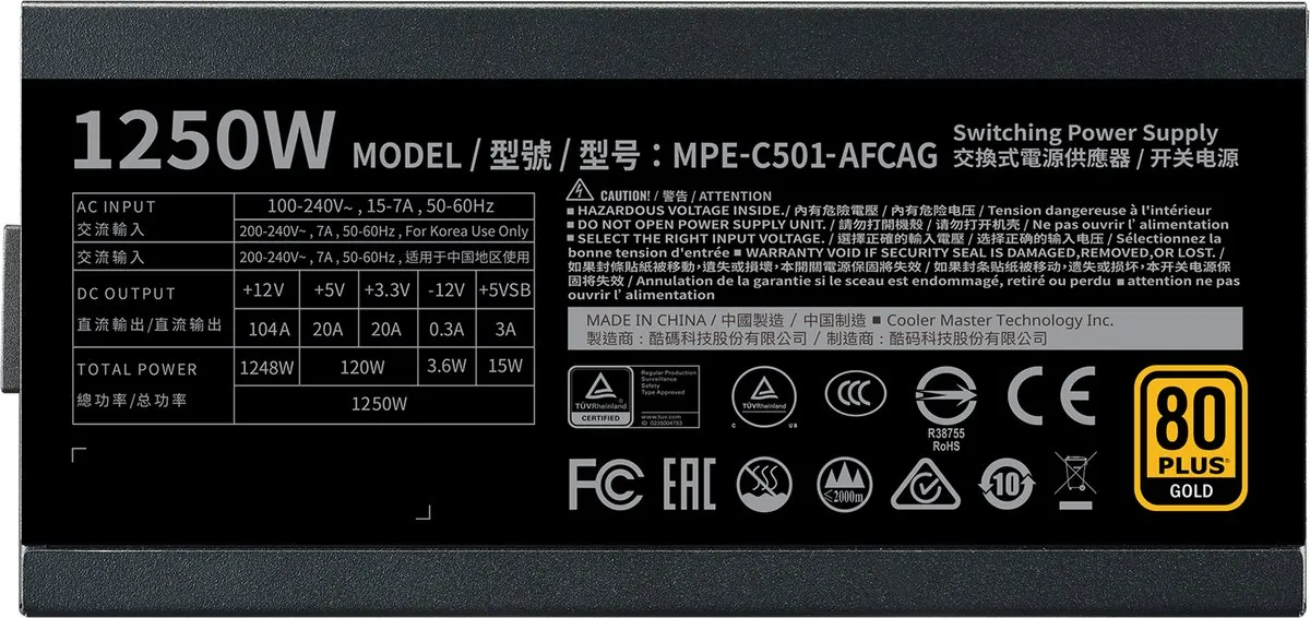 Cooler Master MWE Gold 1250 V2 Voeding 1250W - MPE-C501-AFCAG-EU