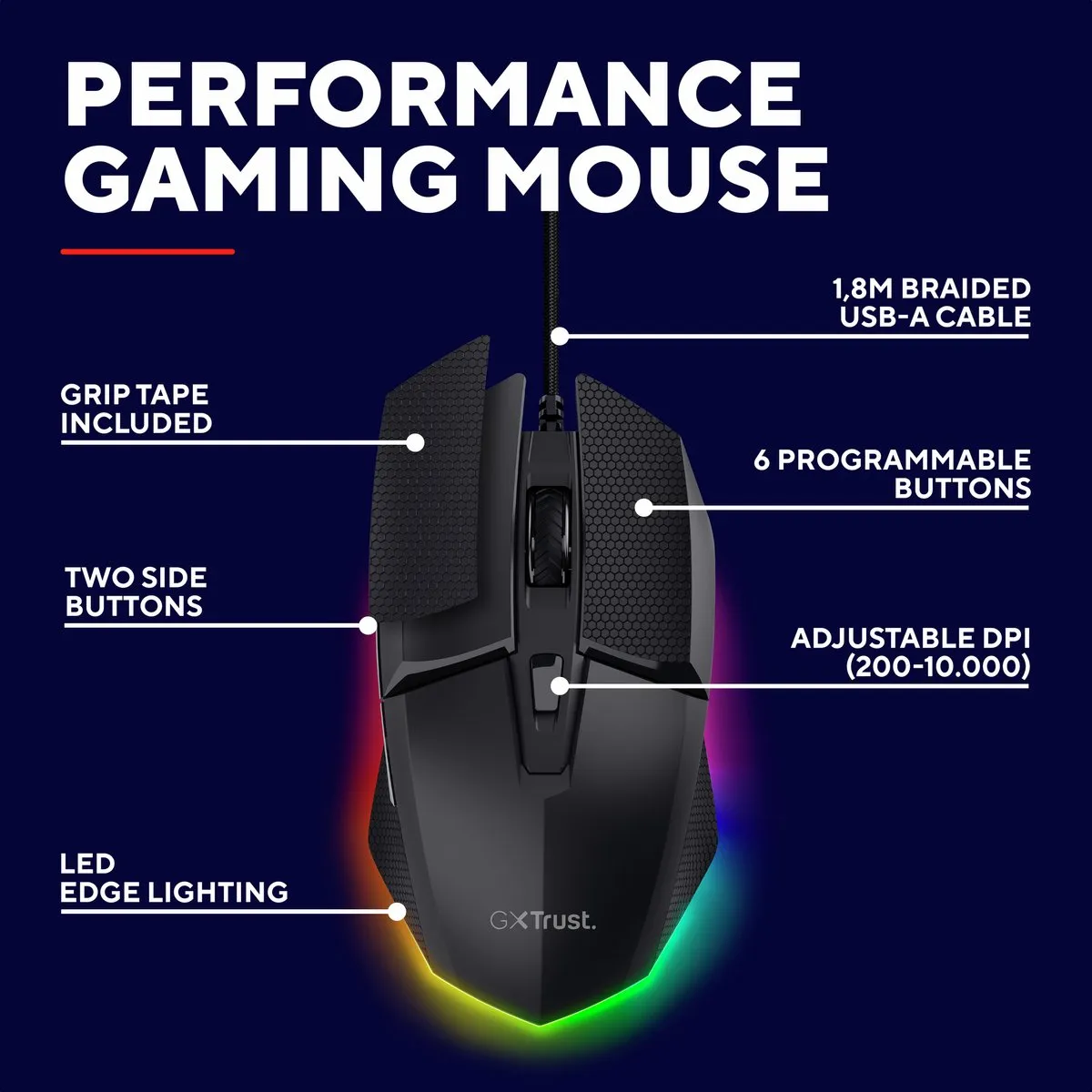 Trust GXT 121 Felox+ Gaming Muis - Zwart - afbeelding 6 van 6