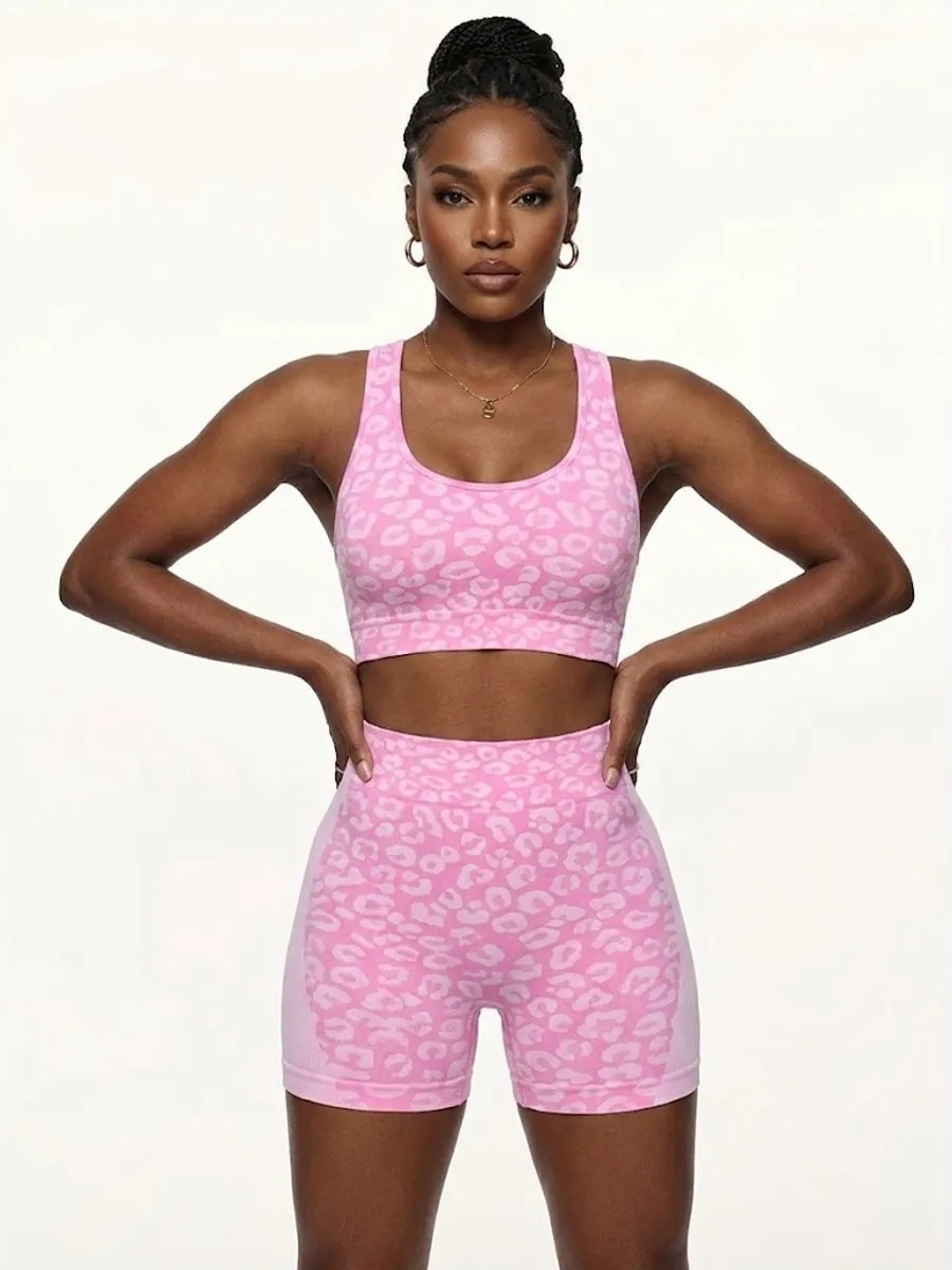 NUVEX Roze Luipaard Sportset L - Dames Fitnesskleding