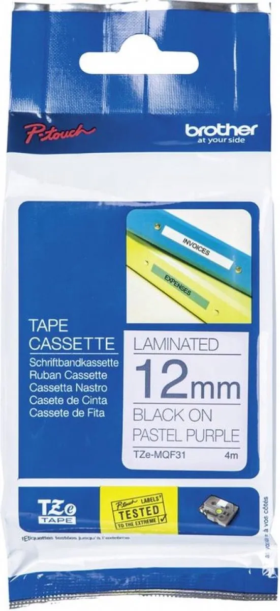 Brother TZe-MQF31 Labeltape - Pastellila 12mm x 4m - Zwart