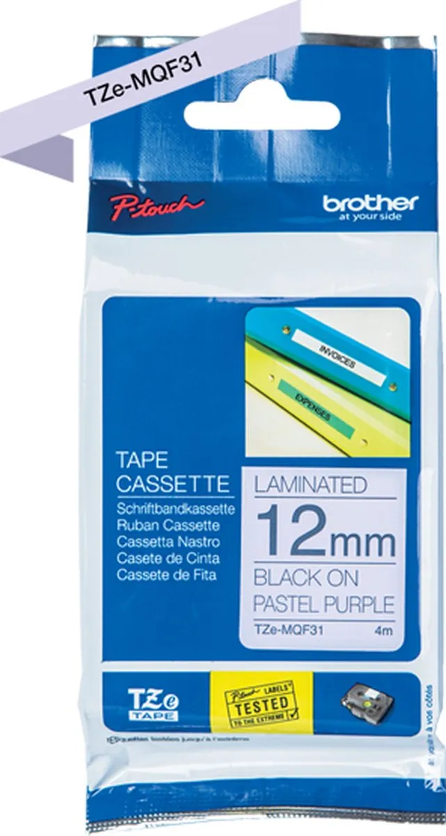 Brother TZe-MQF31 Labeltape - Pastellila 12mm x 4m - Zwart
