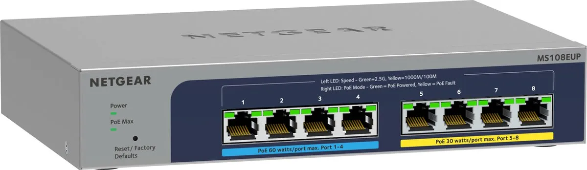 NETGEAR MS108E - Netwerk Switch - Plus Managed - 2,5 Gbps - PoE Switch - 8 poorten