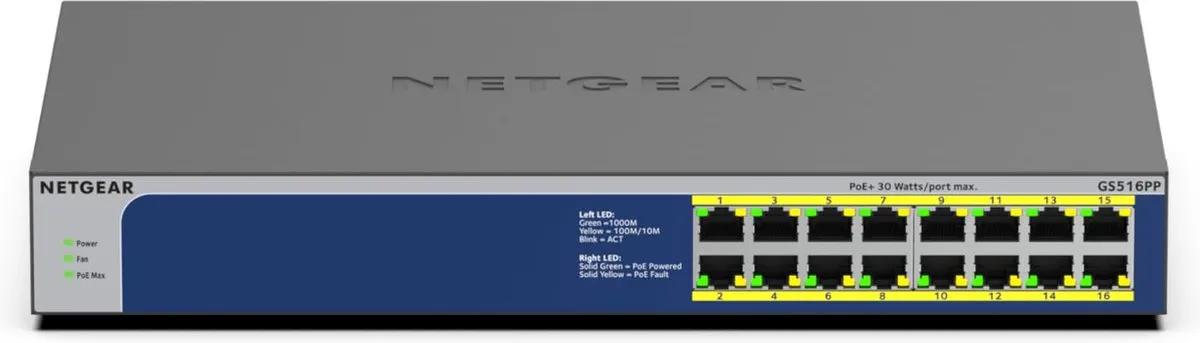 Netgear GS516PP 16-Poort PoE Switch - 1Gbps - 260W