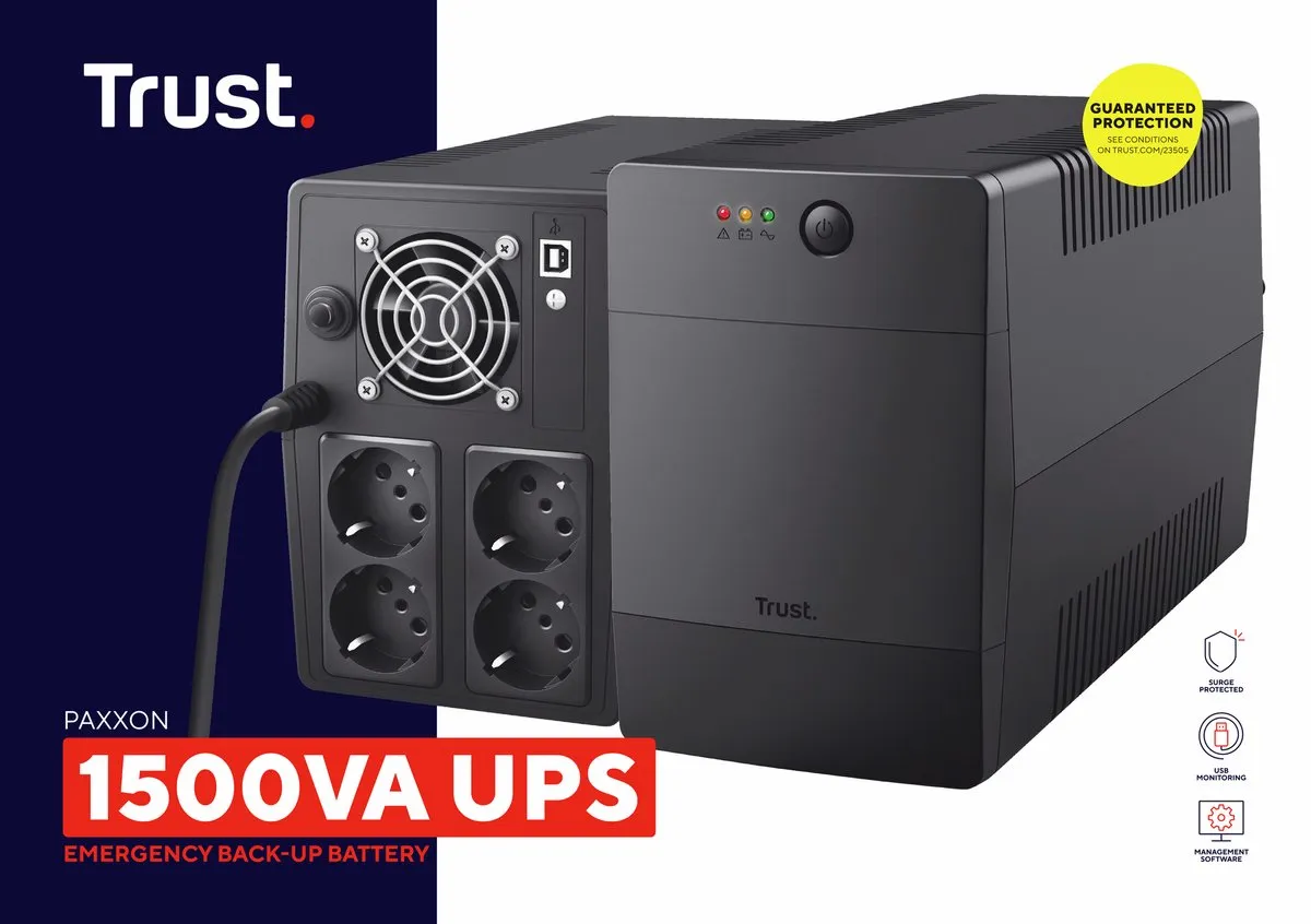 Trust Paxxon 23505 UPS - 1500VA - 900W - 4 Stopcontacten - Zwart - afbeelding 6 van 6