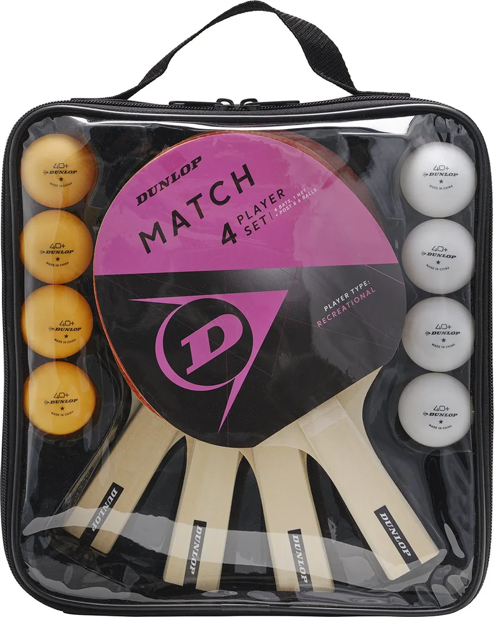 Dunlop Match 4 Player Set - Tafeltennis - 4 Batjes, Net & 6 Ballen