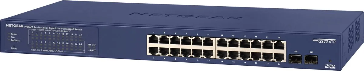 Netgear GS724TP Smart Managed Switch 24x PoE - 52 Gbps - Blauw