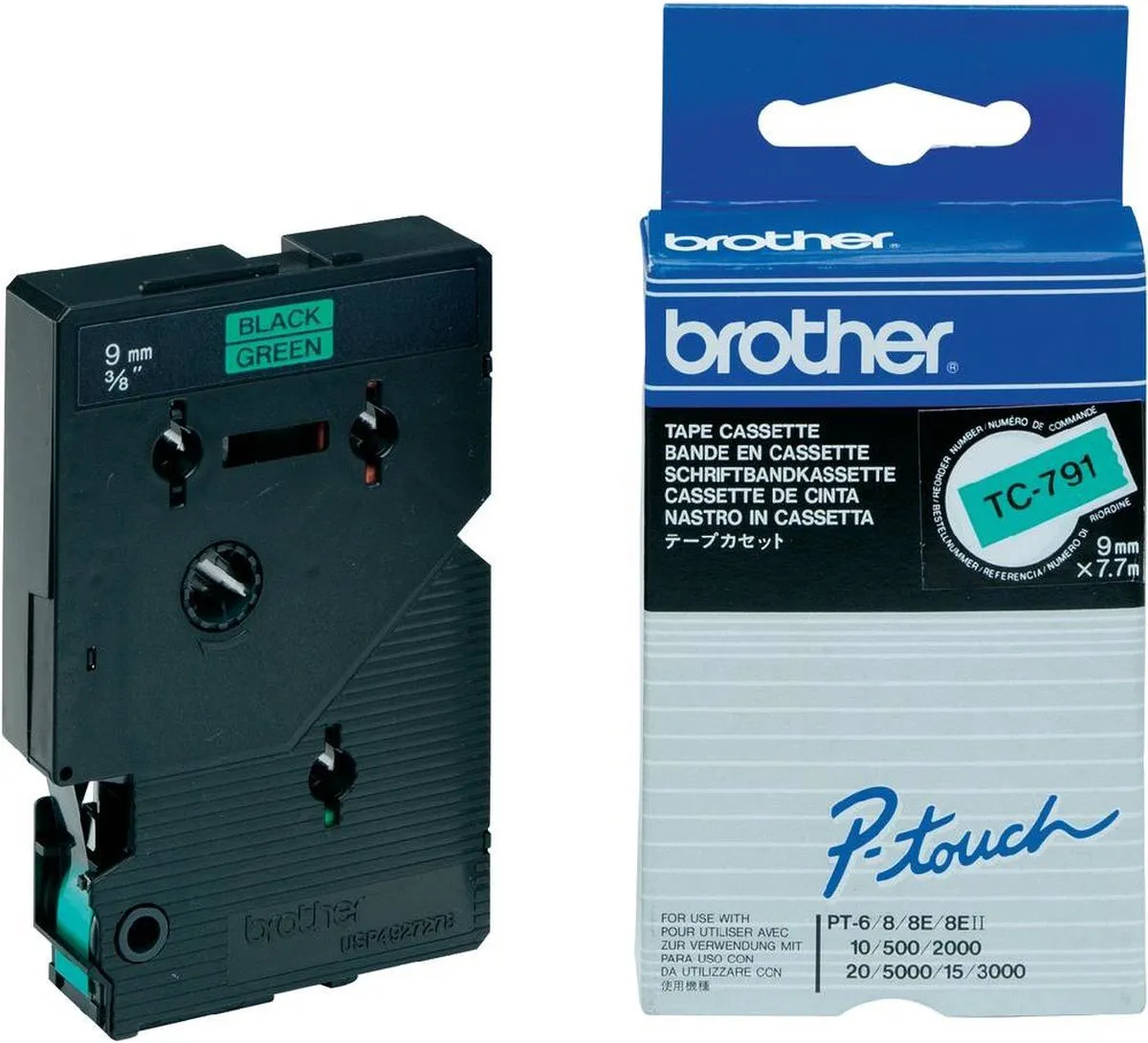 Brother TC-791 Transfertape 9mm - Zwart/groen