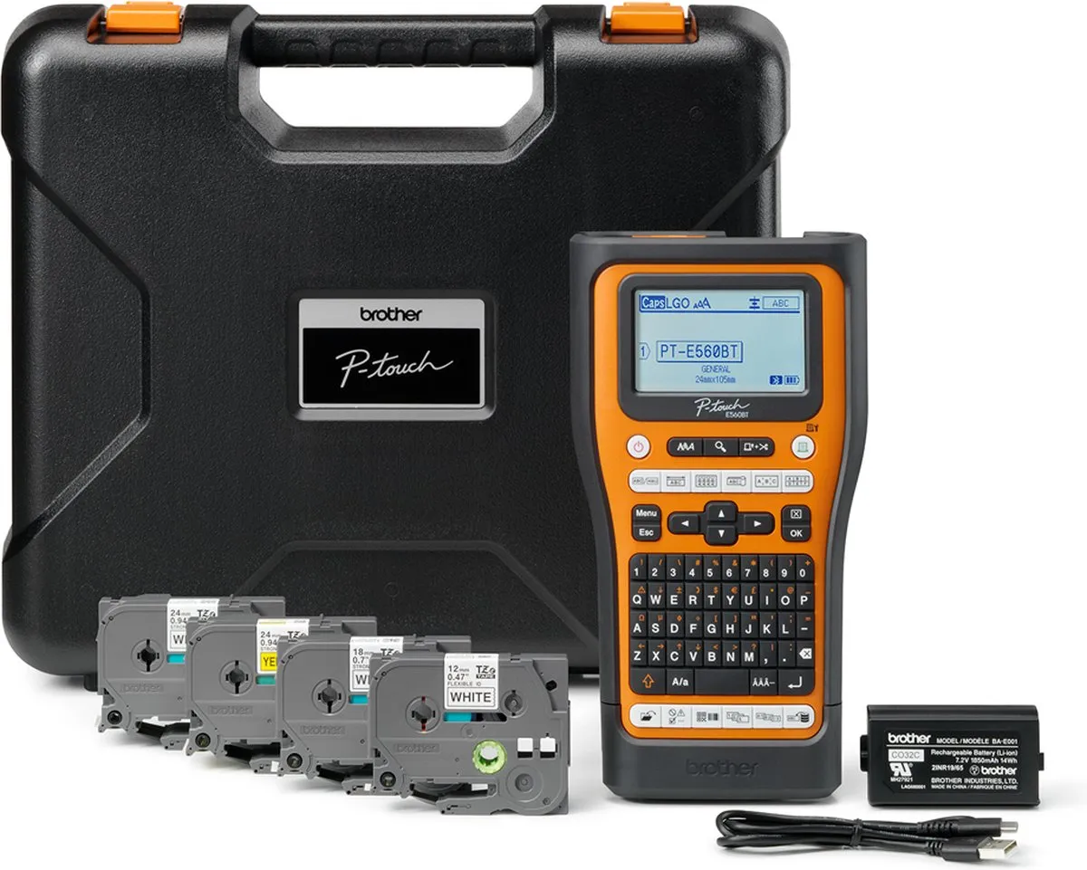 Brother PT-E560BTSP Labelprinter - Thermo Transfer - 30 mm/sec - Zwart/Orange