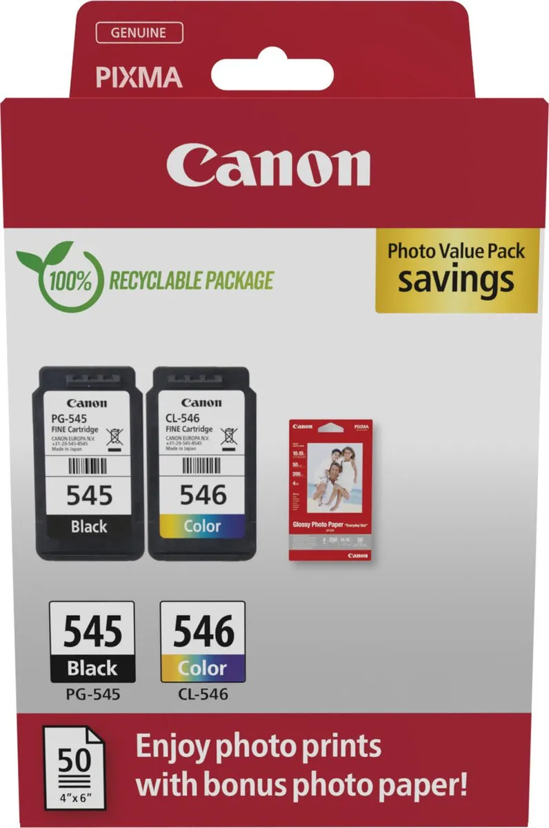 Canon PG-545/CL-546 Inktcartridges - 4 Stuks - 180 Vel