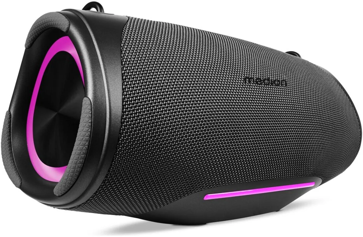 MEDION P61762 draagbare Bluetooth luidspreker (oplaadbare batterij, bass boost, RGB lichteffecten, IPX7 waterbescherming & robuust, geïntegreerde powerbank, 2x 25 W RMS) Antraciet
