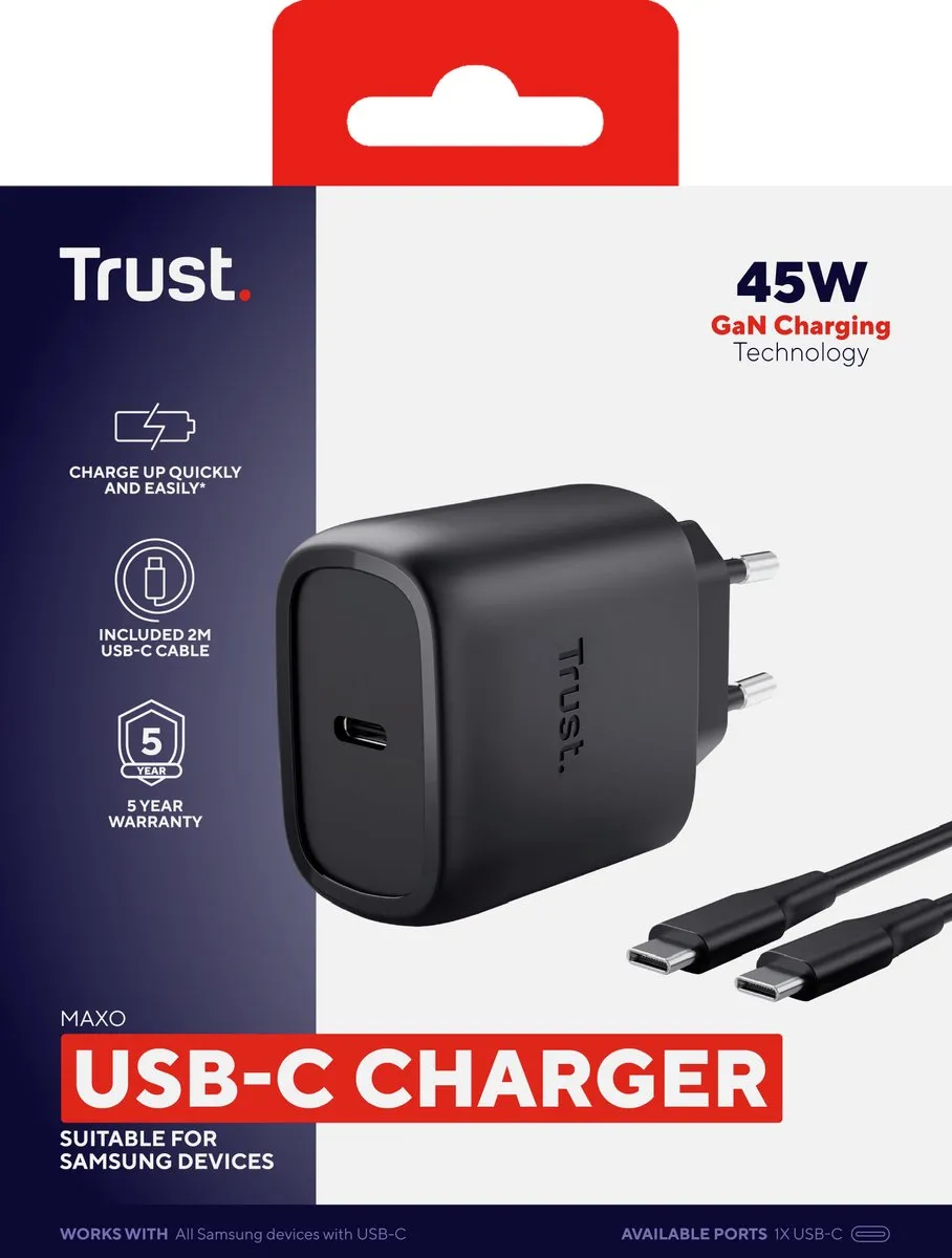 Trust Maxo 45W USB-C GaN Oplader 25722 - Zwart