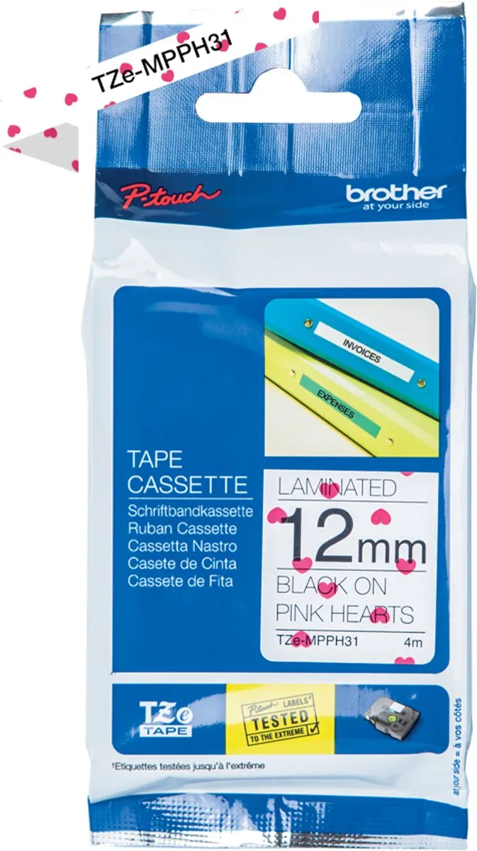Brother TZe-MPPH31 Labeltape - Wit met roze harten 12mm 4m