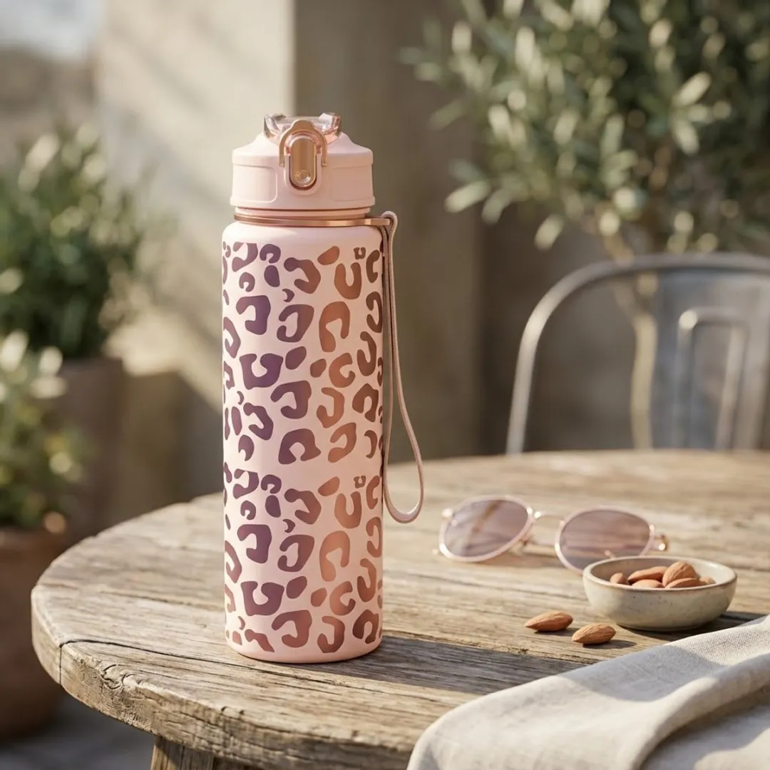 NUVEX Roze Goud Luipaard Waterfles 740ml - Flipdop