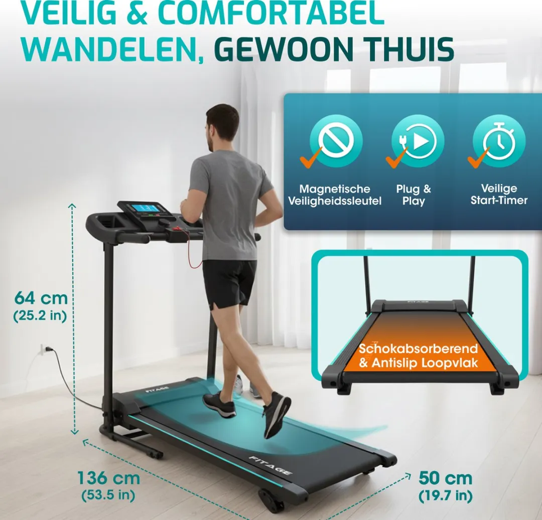 FITAGE Loopband FITAGE-16 - 12km/u - 16 Programma's - Zwart
