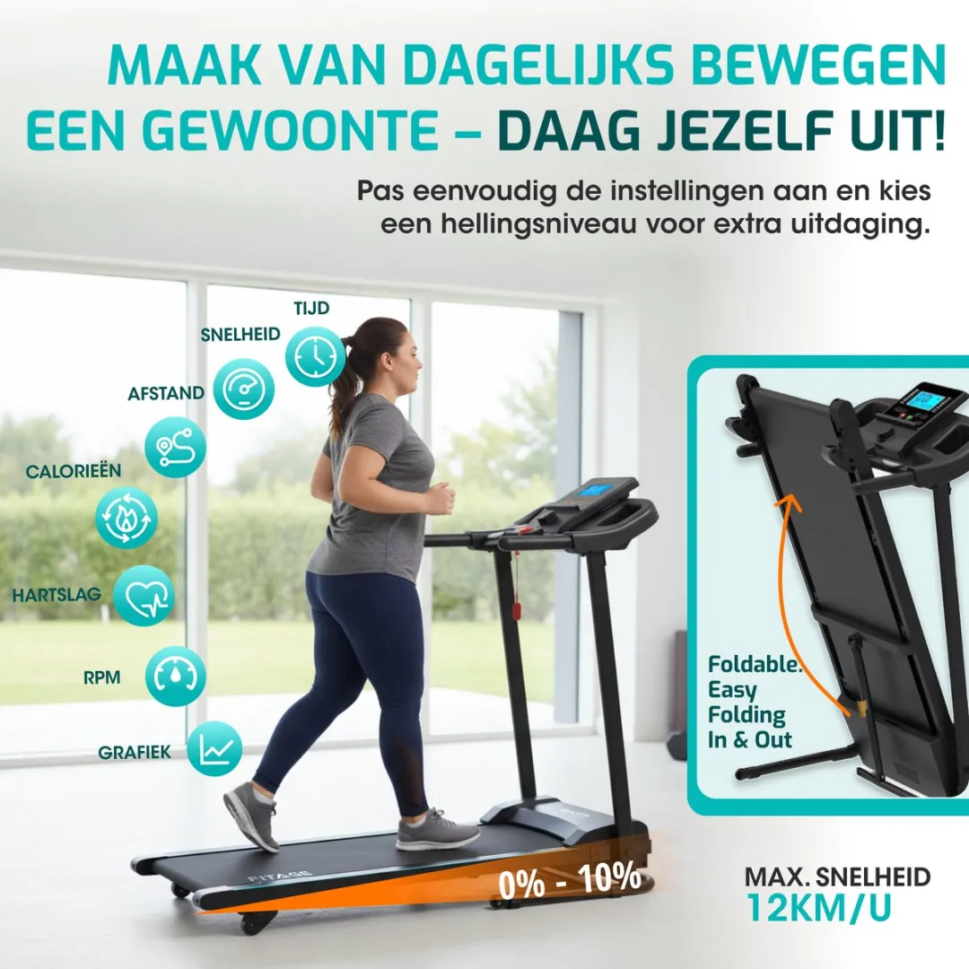 FITAGE Loopband FITAGE-16 - 12km/u - 16 Programma's - Zwart