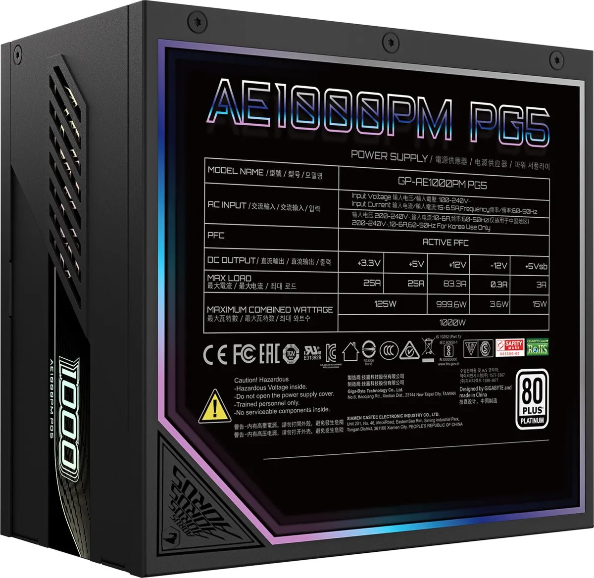 Gigabyte Aorus Elite Platinum GP-AE1000PM PG5 Voeding - 1000W - Zwart