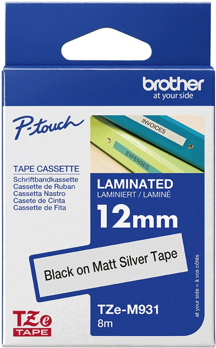 Brother TZ-M931 12mm Lamineerstrook - Zwart op zilver mat - 8m