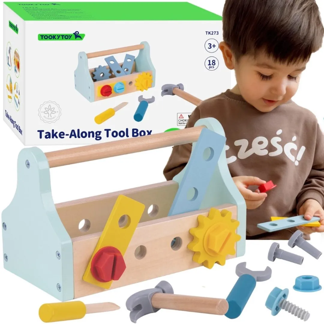 Tooky Toy Houten Gereedschapskistset 18-delig - Meerkleurig