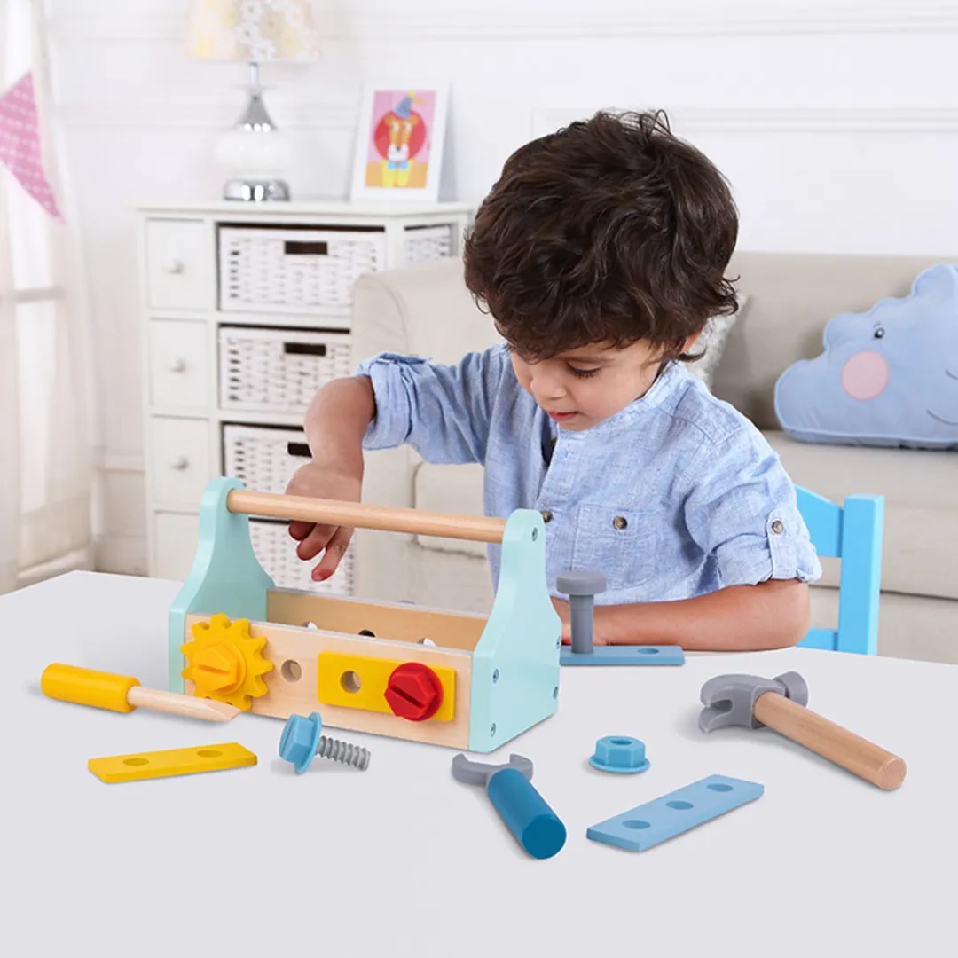 Tooky Toy Houten Gereedschapskistset 18-delig - Meerkleurig