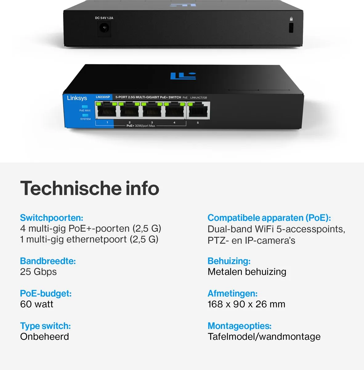 Linksys LN2305P Unmanaged PoE+ Switch 5-poorts - 2500 Mbps