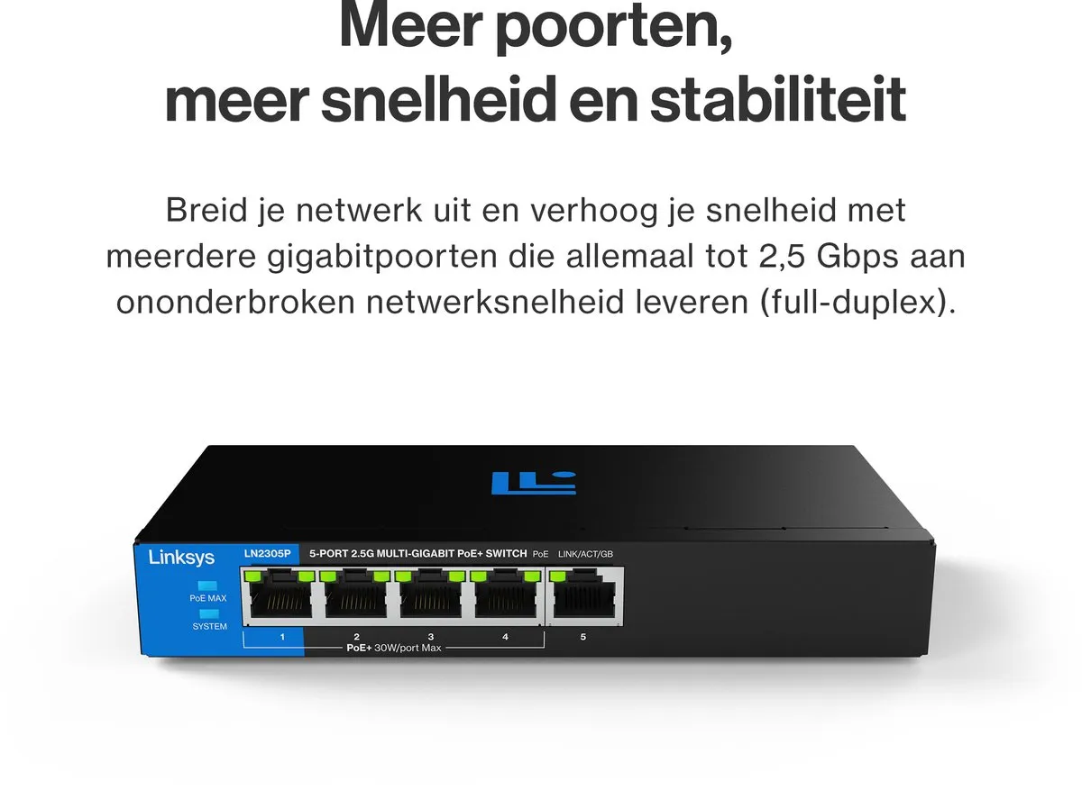 Linksys LN2305P Unmanaged PoE+ Switch 5-poorts - 2500 Mbps