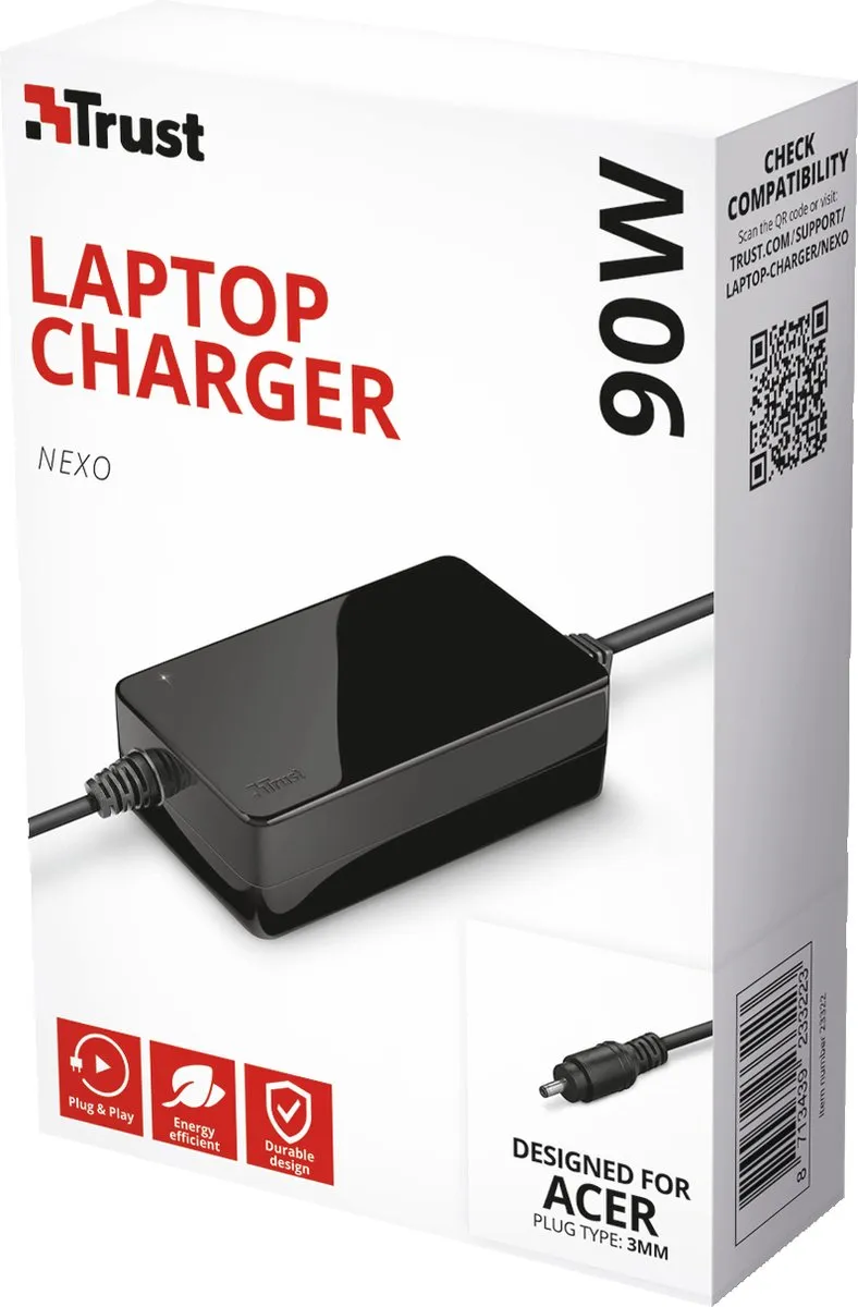 Trust Nexo 90W Laptop Adapter 23322 - Acer 3mm - Zwart