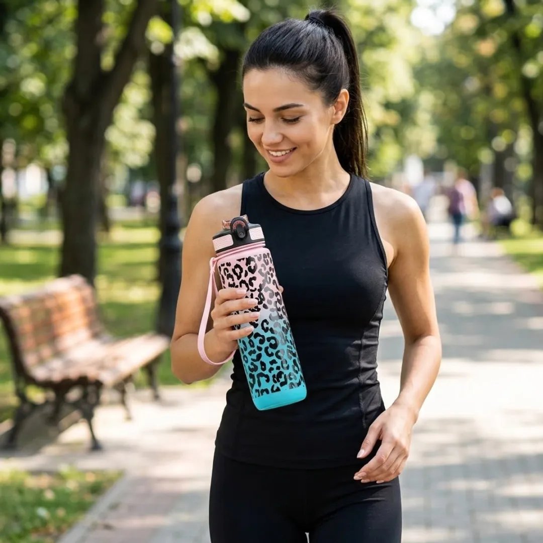 NUVEX Roze-Turquoise Waterfles 1000ml - Luipaardpatroon
