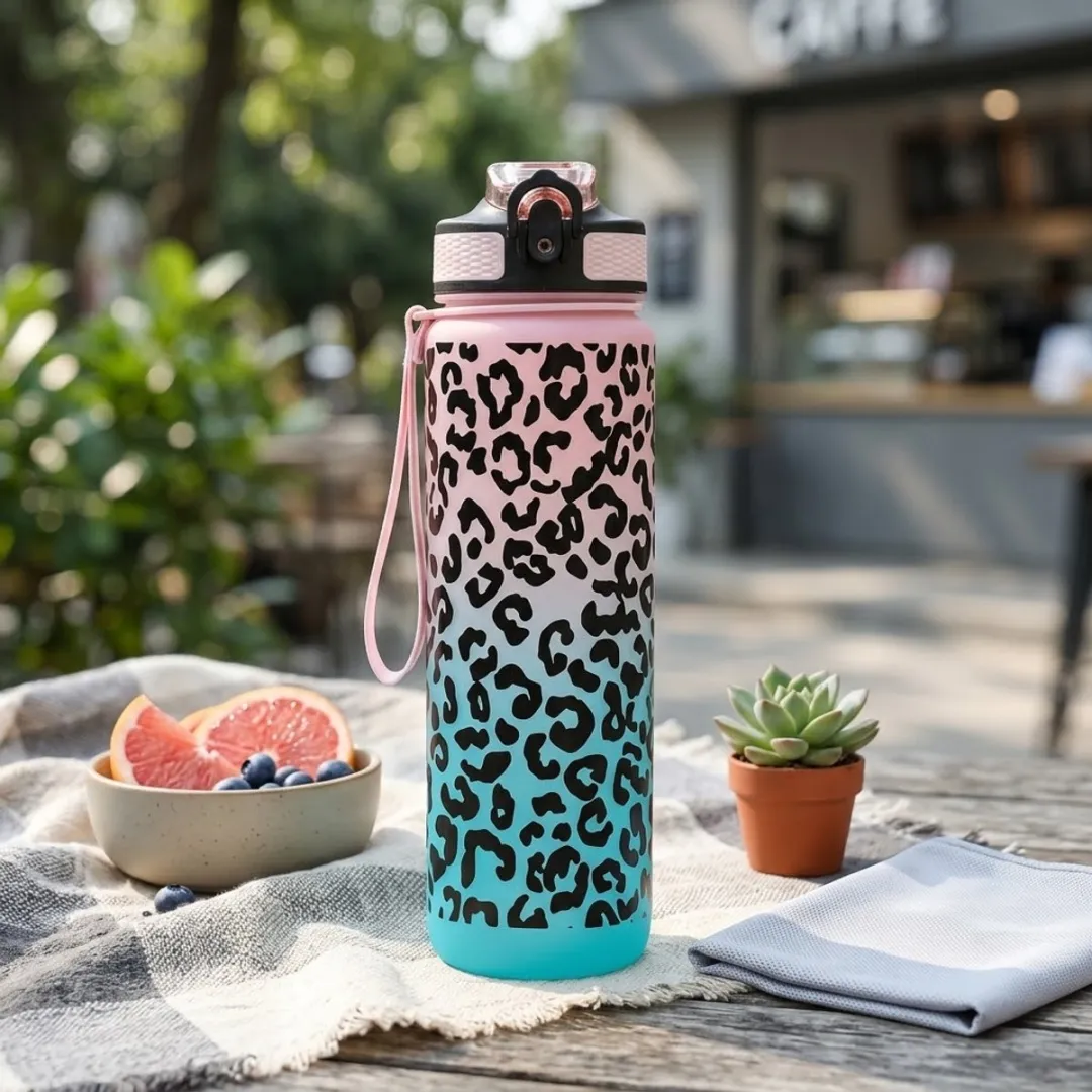 NUVEX Roze-Turquoise Waterfles 1000ml - Luipaardpatroon