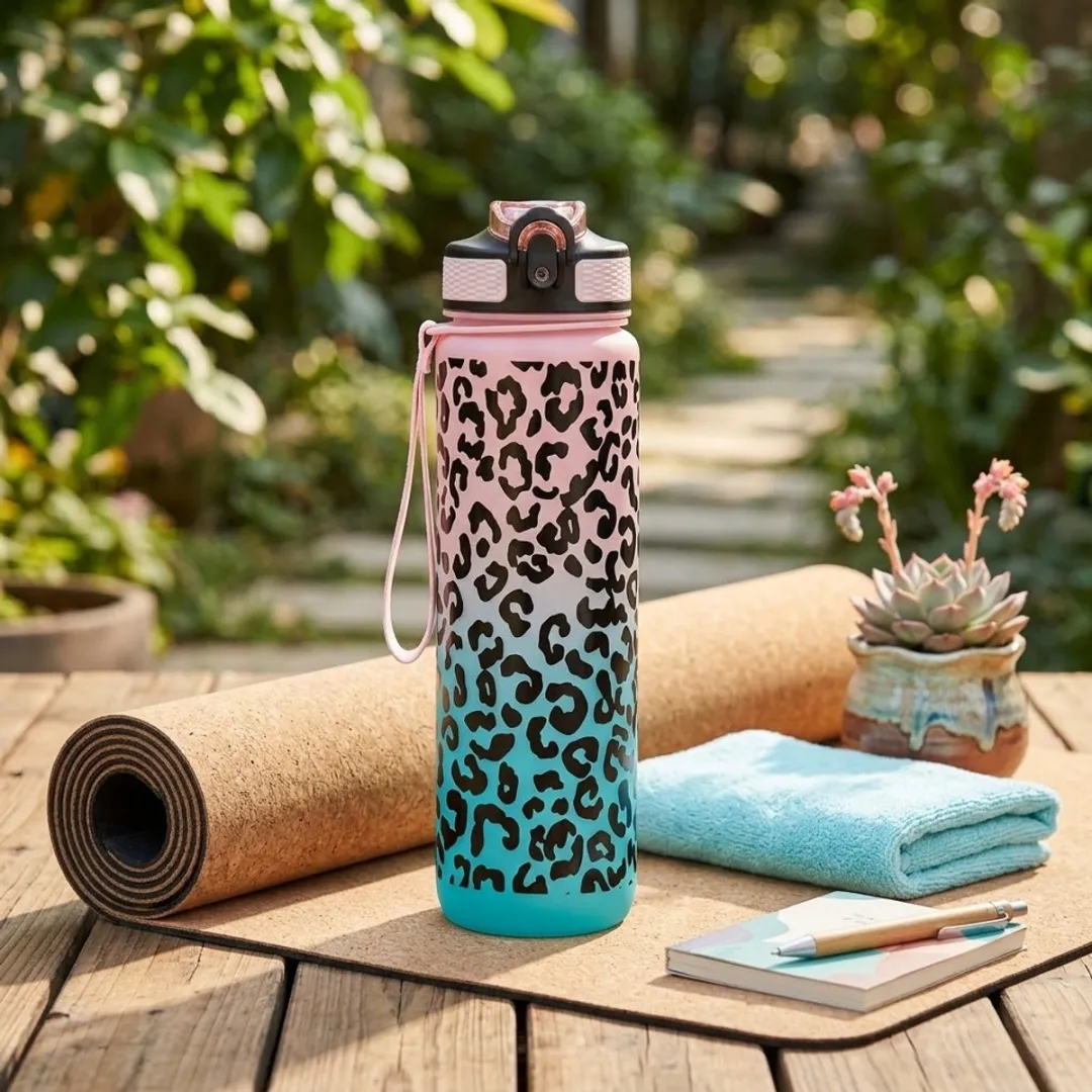NUVEX Roze-Turquoise Waterfles 1000ml - Luipaardpatroon