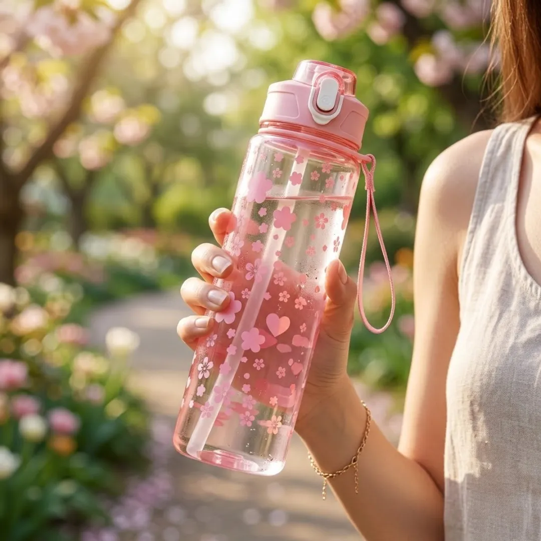 NUVEX Waterfles 800ml - Transparant Roze Bloemenpatroon
