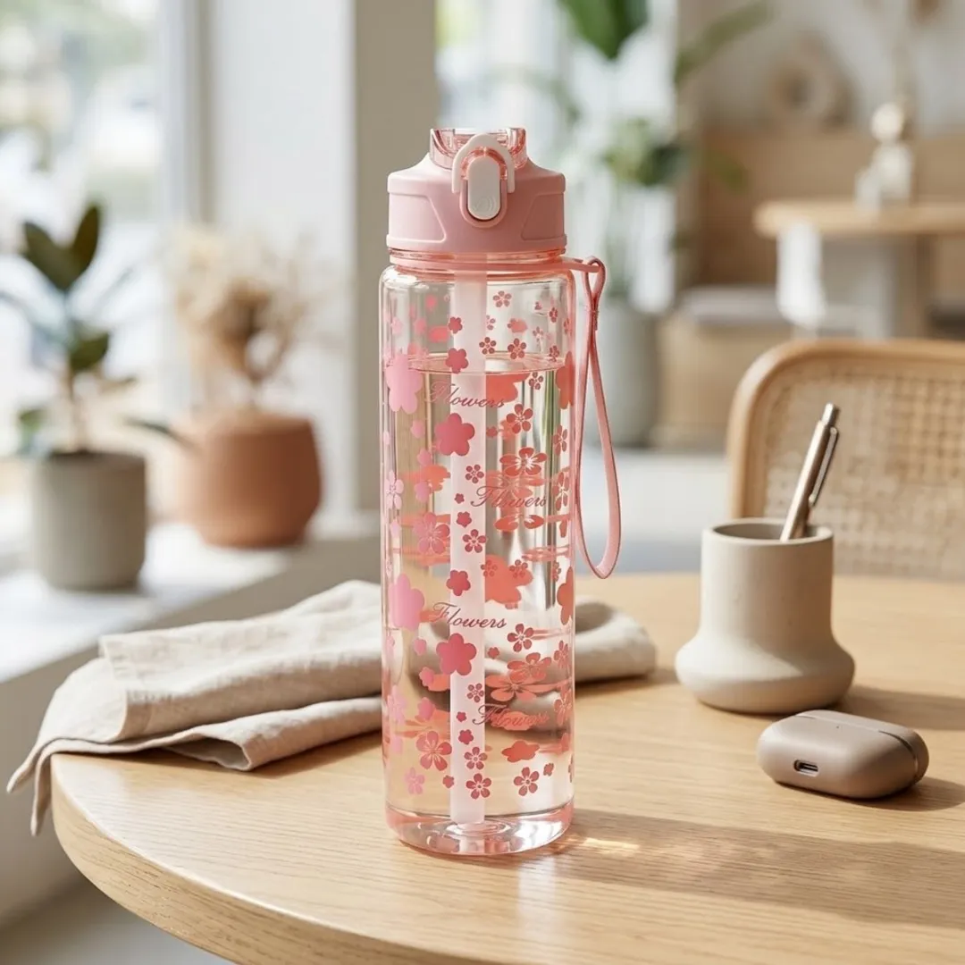 NUVEX Waterfles 800ml - Transparant Roze Bloemenpatroon