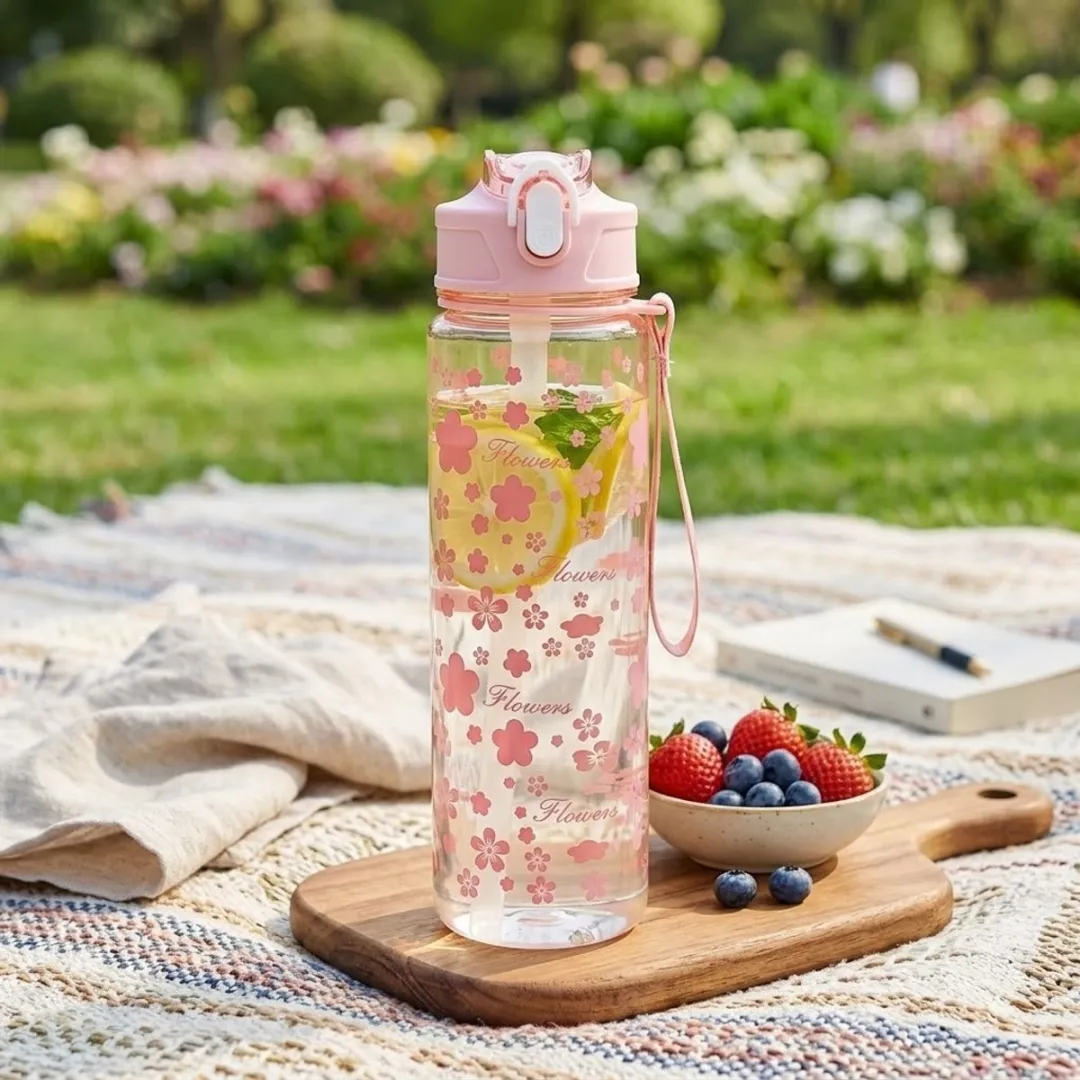 NUVEX Waterfles 800ml - Transparant Roze Bloemenpatroon