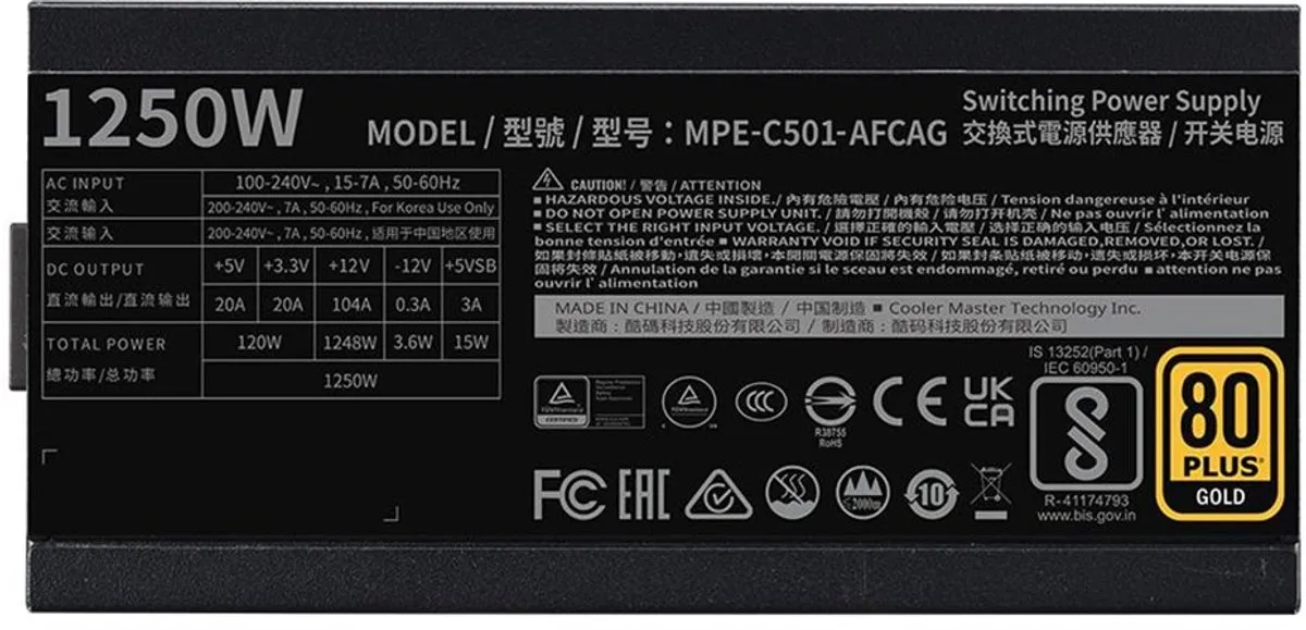 Cooler Master MWE Gold 1250 V2 1250W ATX 3.1 Voeding - Zwart