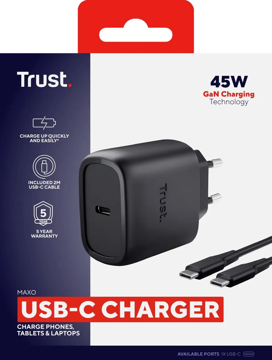 Trust Maxo GaN Oplader 45W - USB-C 2m - Zwart - afbeelding 6 van 6