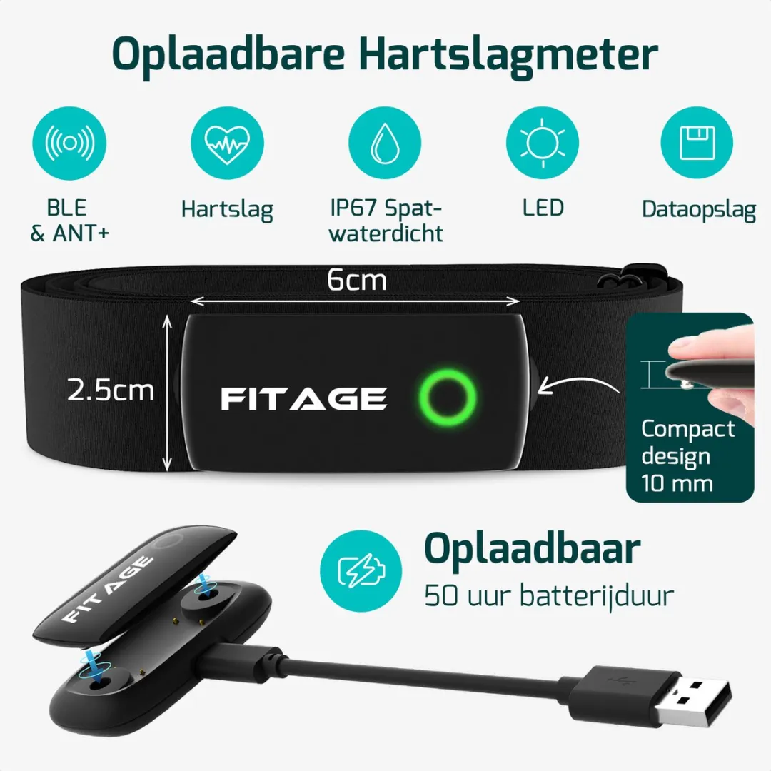 FITAGE Hartslagmeter L HRM-DUAL - Borstband - Bluetooth/ANT+ - Oplaadbaar