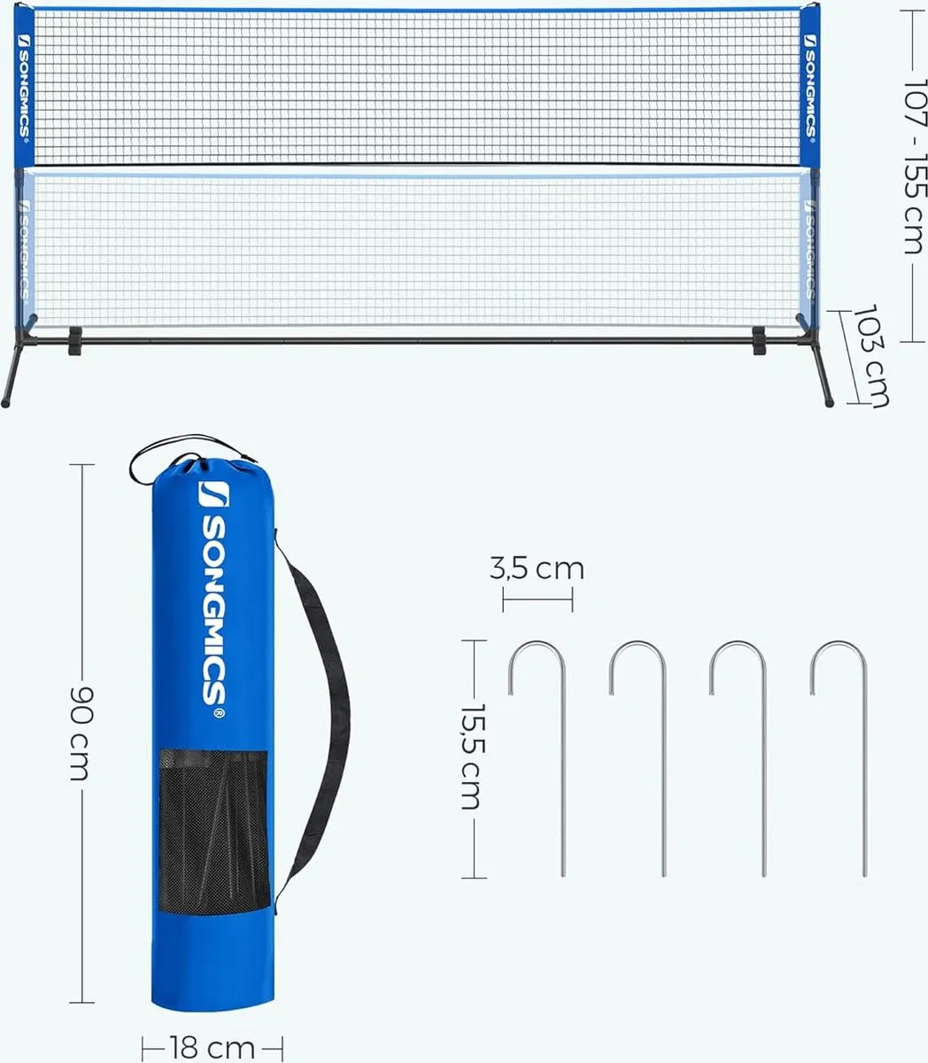 Songmics Badmintonnet/Volleybalnet - 300/400/500cm - Verstelbaar - Blauw