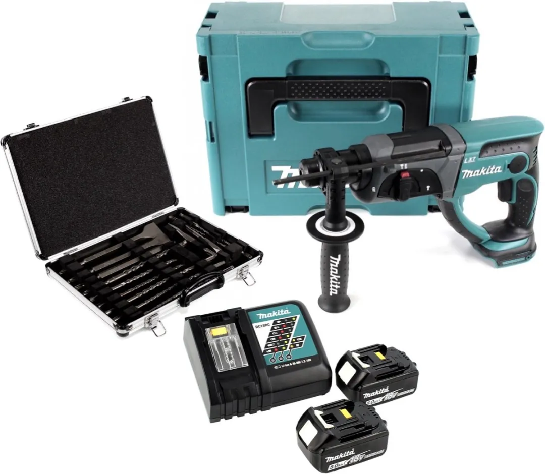 Makita DHR 202 RTJ 18V Combihamer SDS-Plus - 2x 5.0Ah accu + lader + 17-delige boor- en beitelset