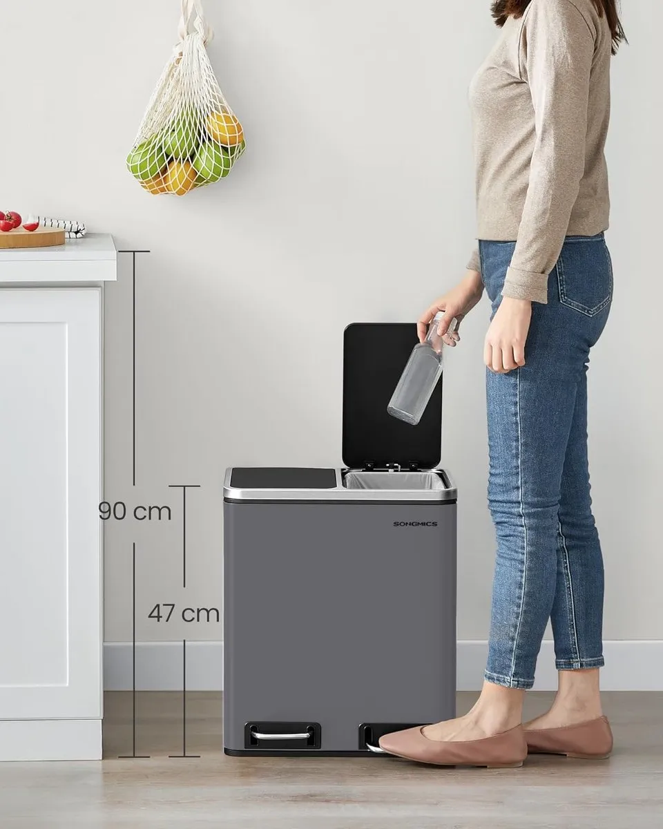 Songmics LTB030G01 Keukenprullenbak 30L - 2 Compartimenten - Matgrijs