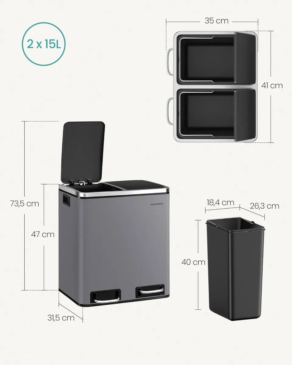 Songmics LTB030G01 Keukenprullenbak 30L - 2 Compartimenten - Matgrijs