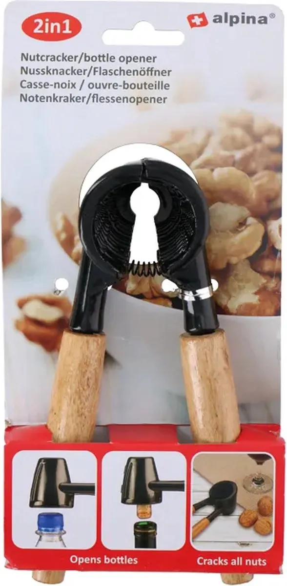 Alpina - Notenkraker & Flessenopener - 2-in-1 - Houten handvat - Metaal - Compact formaat
