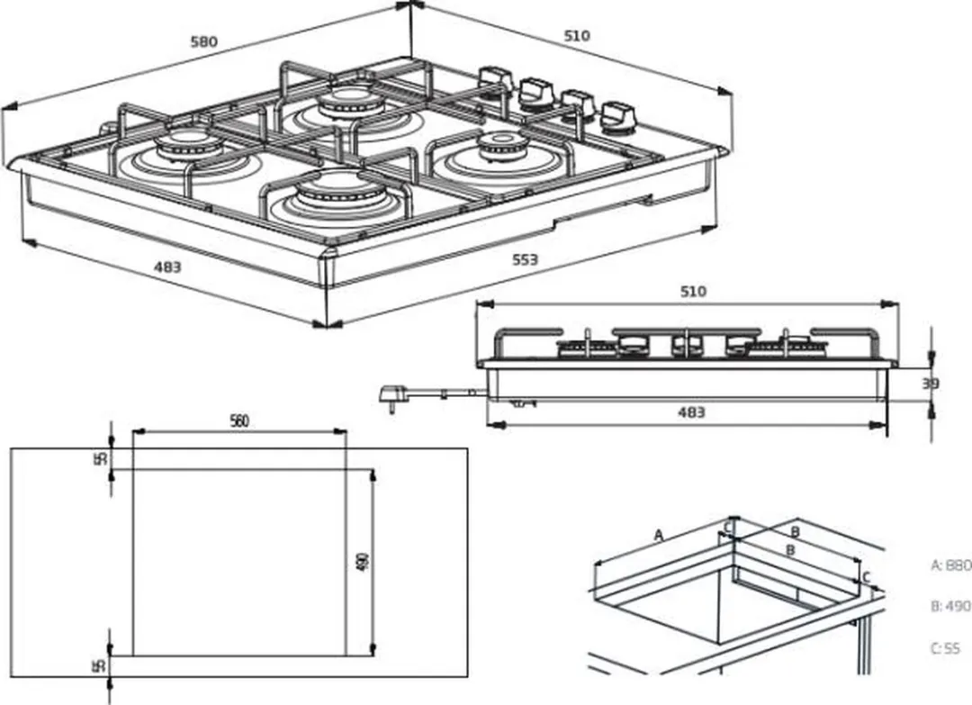Beko HIGG64123SX Gaskookplaat 60cm - 4 Branders - Zwart/RVS
