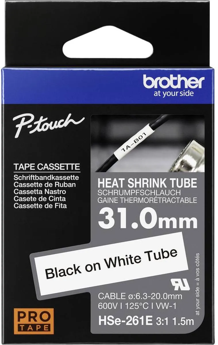 Brother HSE261E Labeltape Krimpkous - Wit/Zwart 31mm - 1.5m - afbeelding 6 van 6