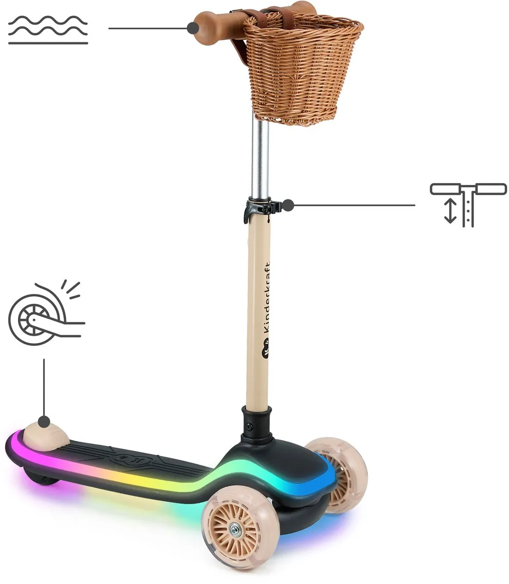 KinderKraft RAKET 3-Wiel Kinderstep - RGB LED Wielen - Verstelbaar Stuur - Beige