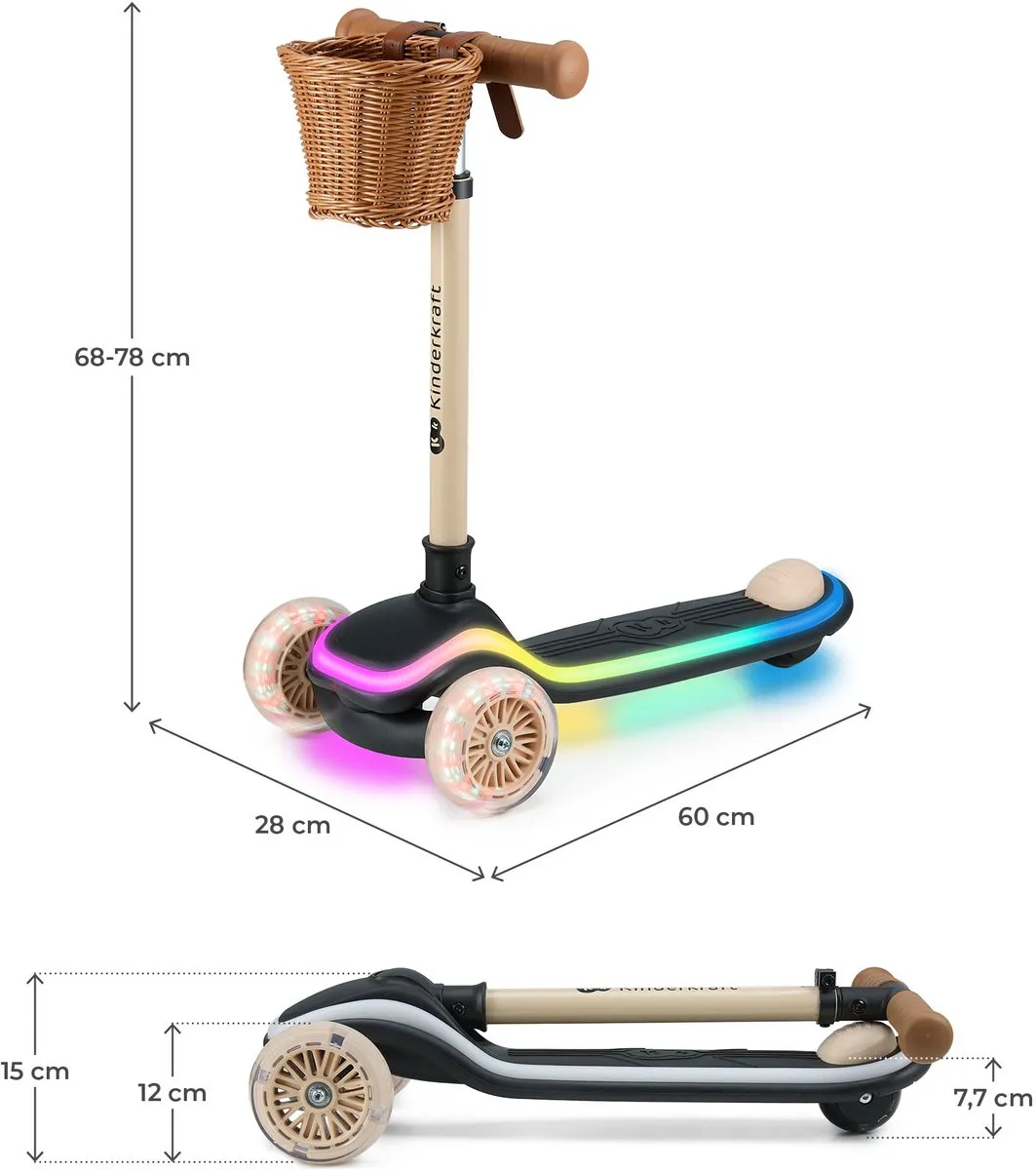 KinderKraft RAKET 3-Wiel Kinderstep - RGB LED Wielen - Verstelbaar Stuur - Beige