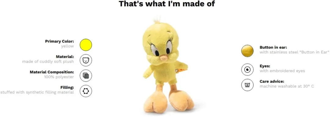 Steiff Looney Tunes Tweety Bird 20cm - Geel