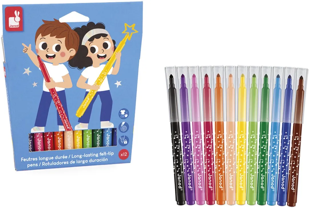 Janod Colo Viltstiften Set 12 Stuks - Multikleur - Afwasbaar