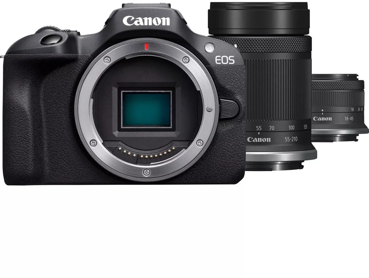 Canon EOS R100 + RF-S 18-45 IS STM + RF-S 55-210 IS STM - Systeemcamera - Foto en Video - Compact formaat - Creative Assist - Camera met standaard en extra zoomlens