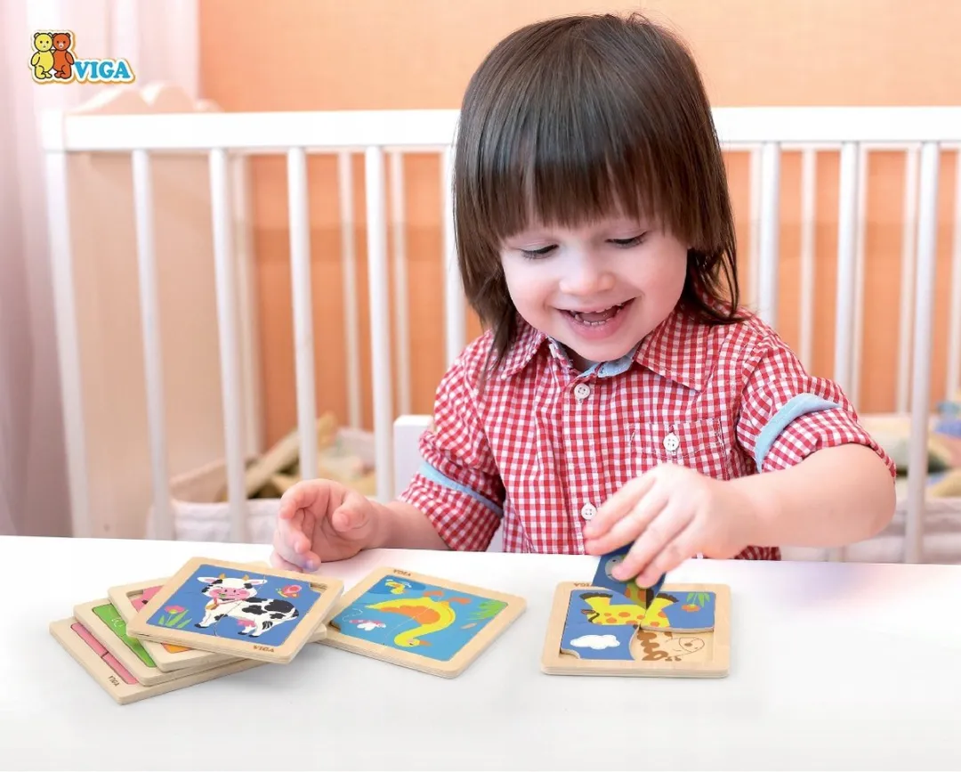 VIGA Houten Puzzelset 12-delig - 48 Stuks - Meerkleurig